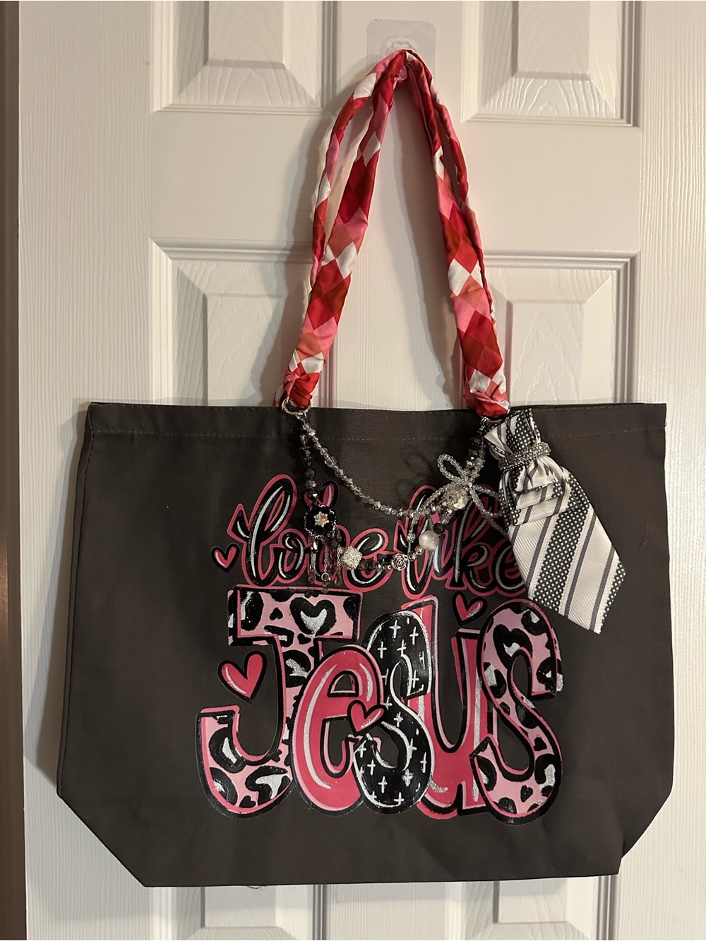 Canvas Black Tote with Pink Graphics and Pink Straps with Bag Charm and Tie